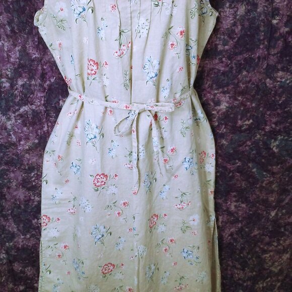 Vintage 90s White Stag Linen Floral Maxi Dress XL Pin-Tucks Side-Slits Belted - Picture 5 of 13